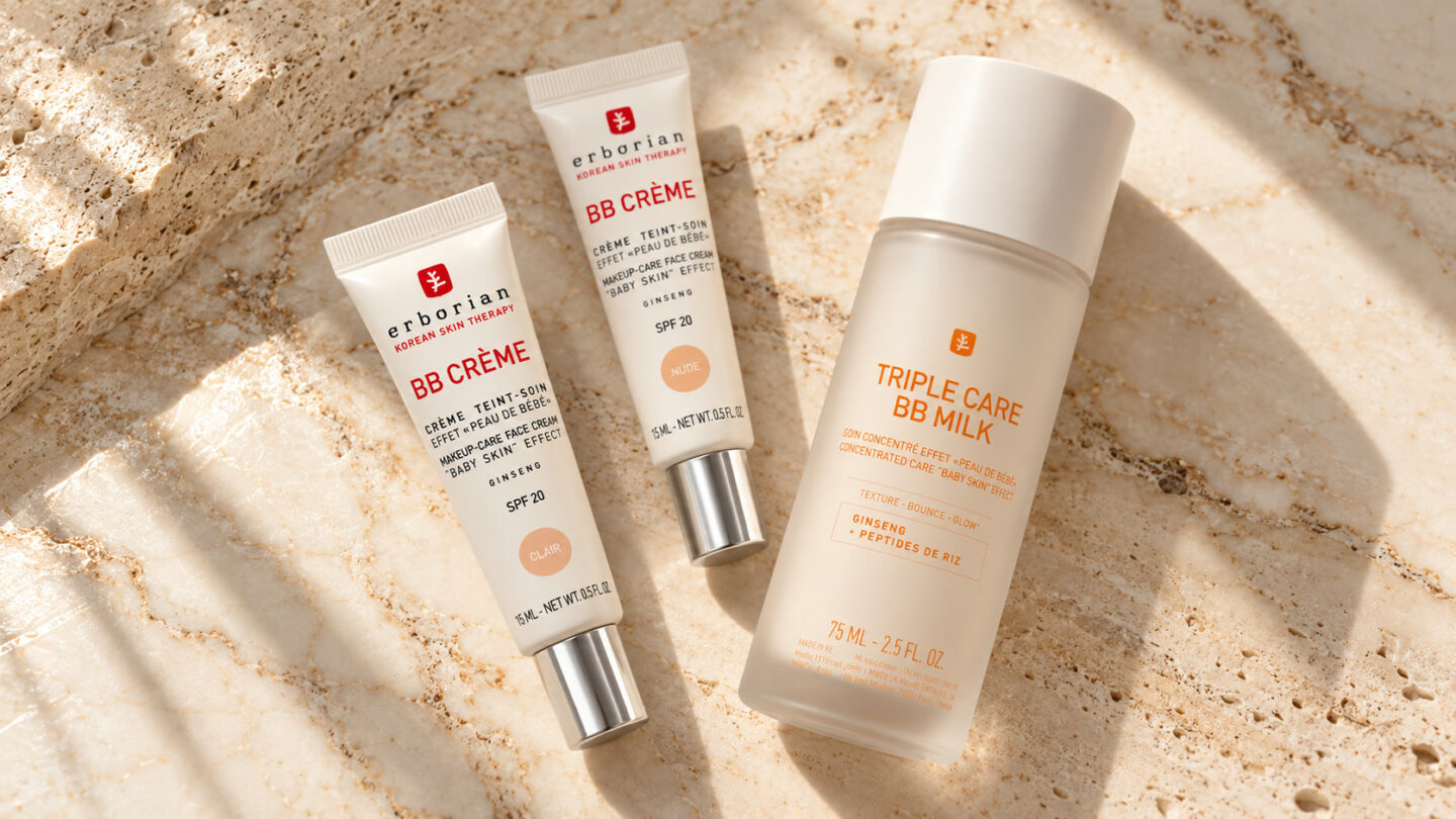 Erborian BB Crème in Clair und Nude sowie Triple Care BB Milk auf hellem Travertin