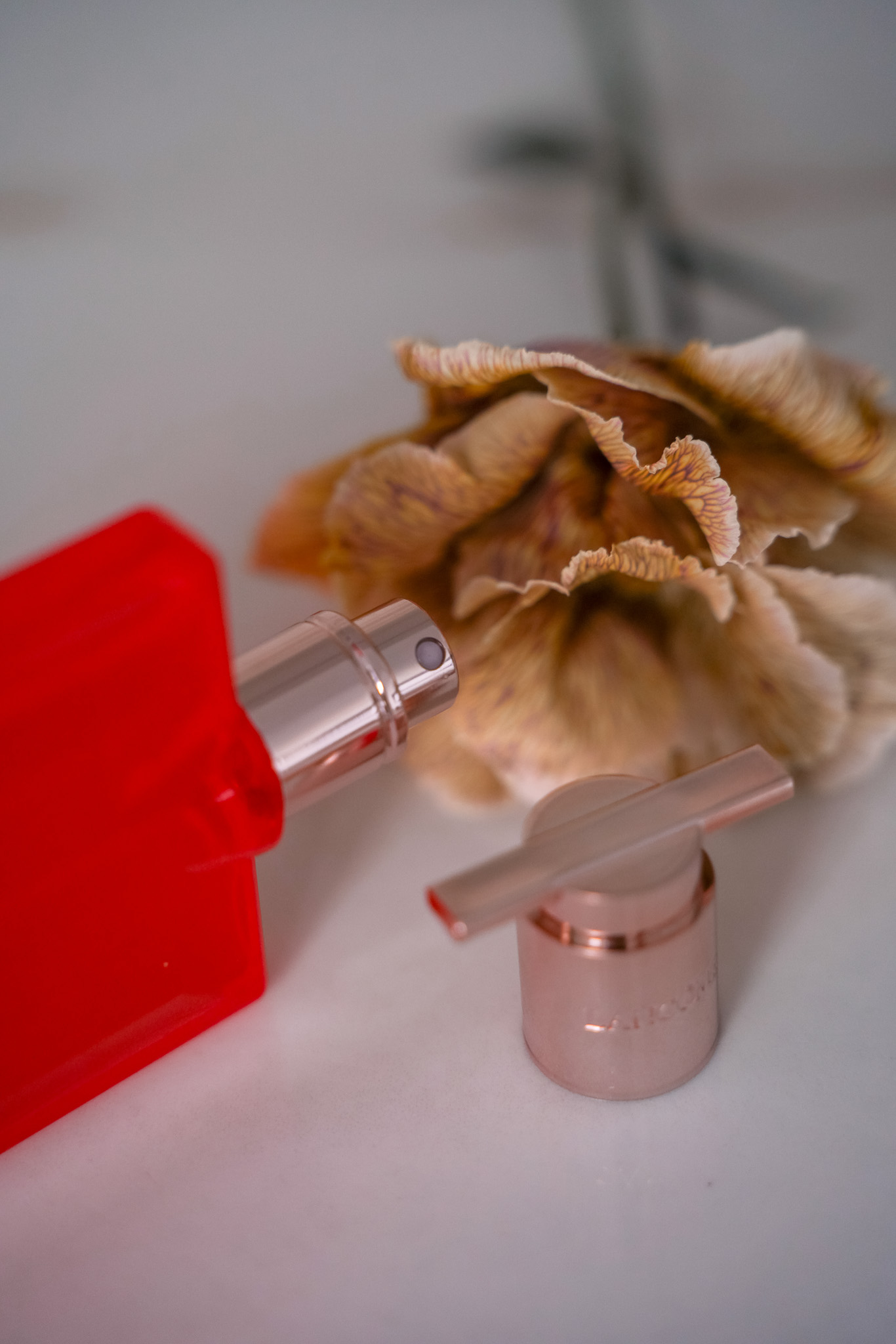 Lancôme Idôle Now Eau de Parfum Flakon mit rosegöldener Kappe neben einer getrockneten Blume