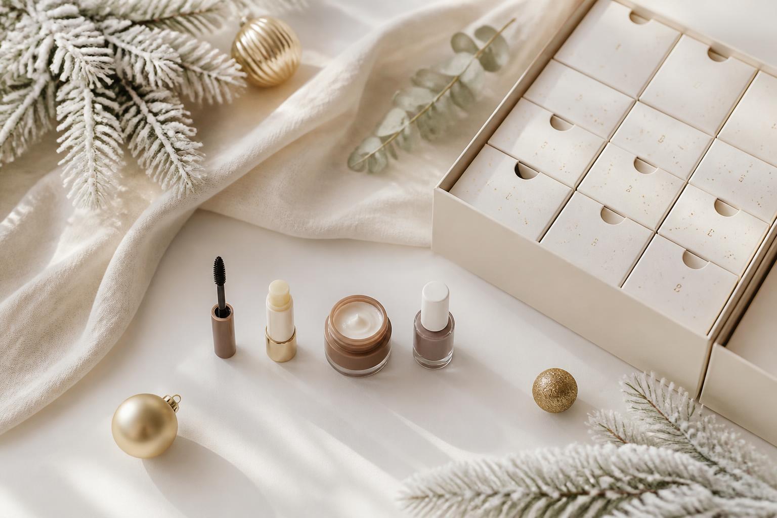 Beauty-Adventskalender Drogerie - Mini-Kosmetik und cremefarbene Kalenderbox mit Tannenzweigen
