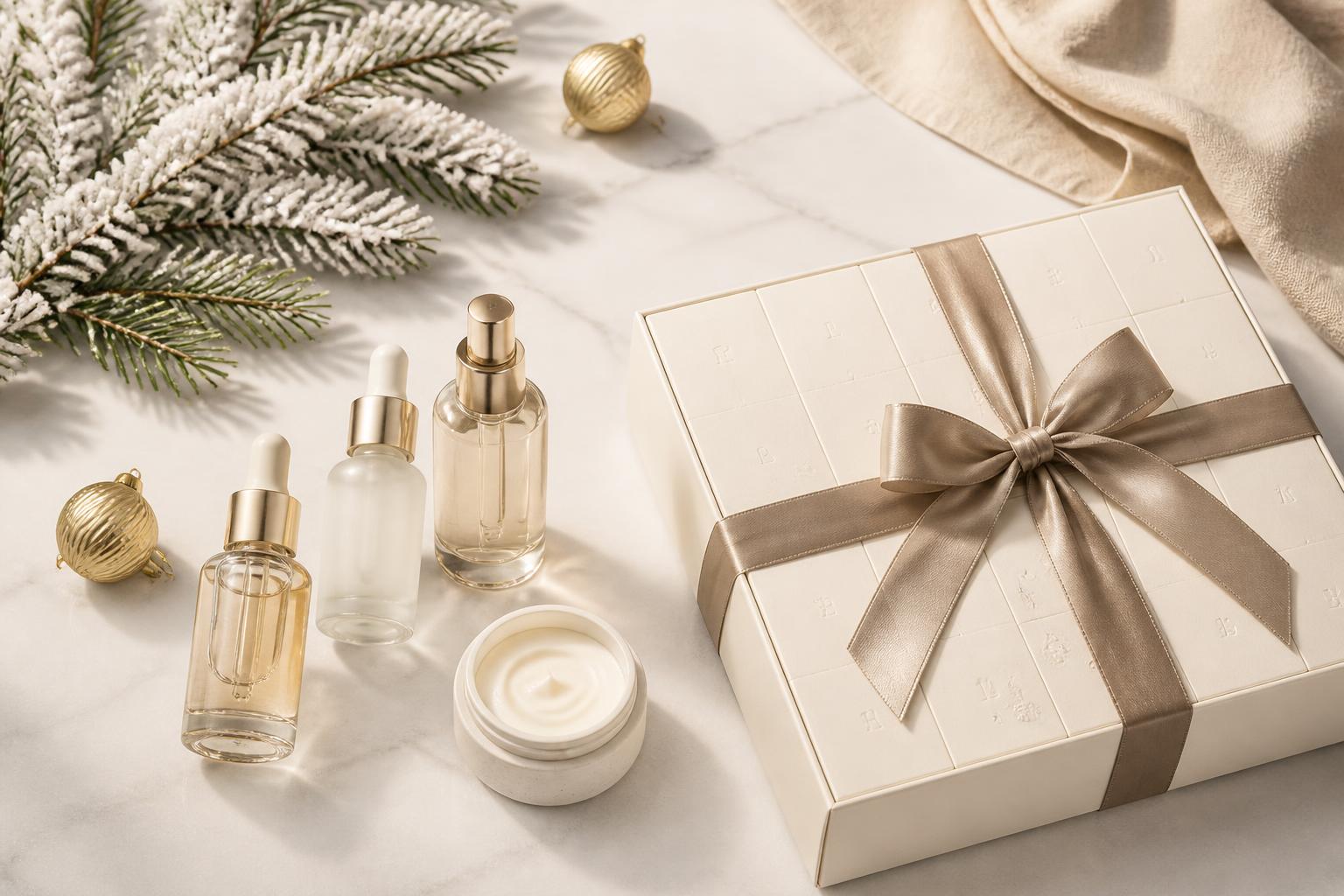Beauty-Adventskalender Mittelklasse - Serumflakons und Kalenderbox mit Satinschleife