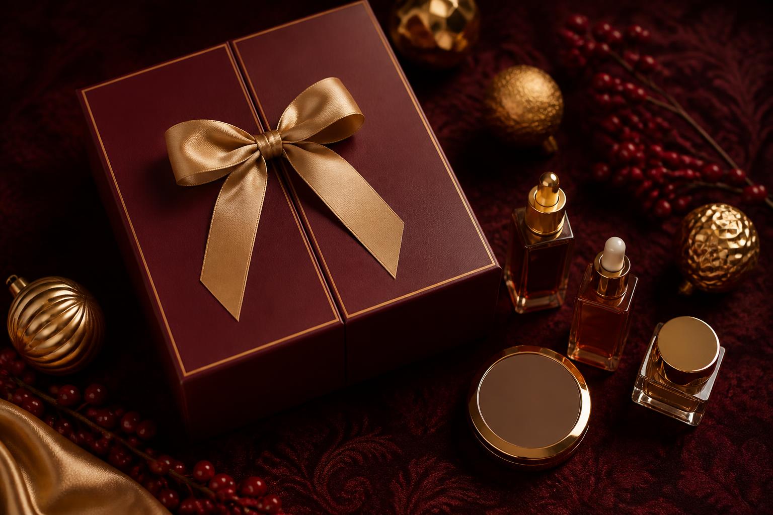 Luxus-Beauty-Adventskalender - bordeauxrote Box mit Goldschleife auf Samt