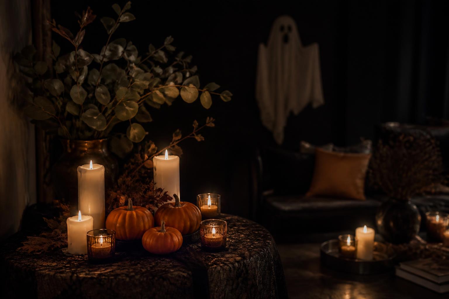 Halloween Deko drinnen - Kerzen, Kürbisse und Geist im dunklen Wohnzimmer