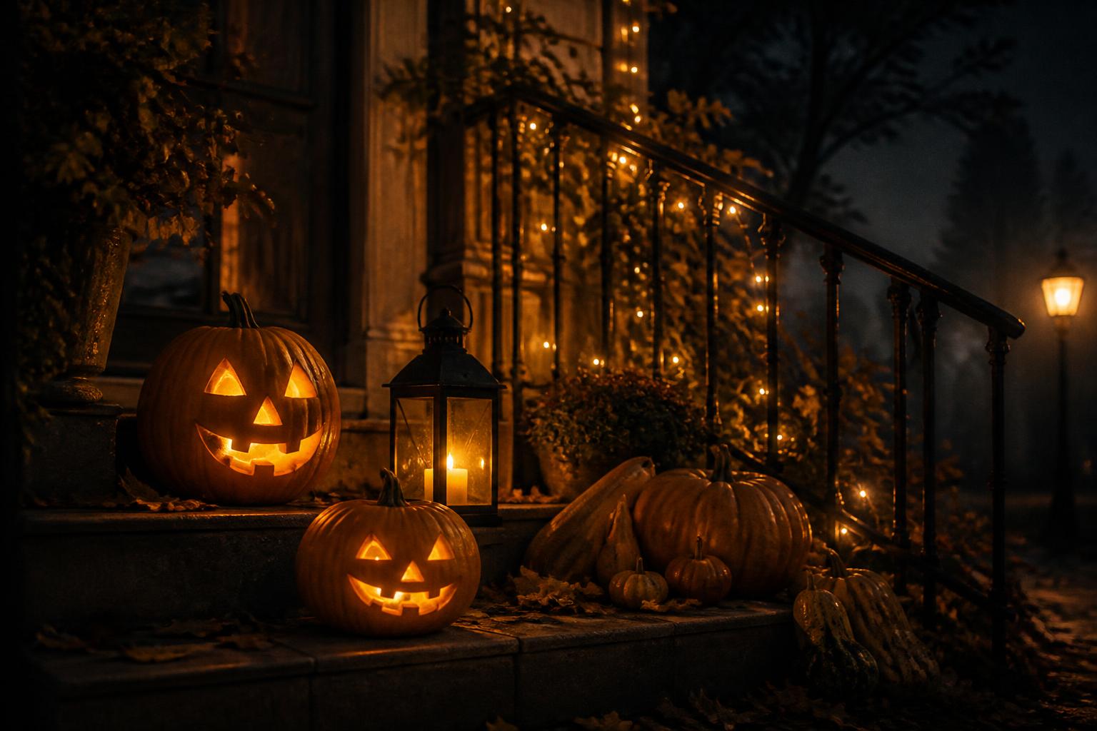 Halloween Deko draussen - leuchtende Kürbisse und Laterne am Hauseingang