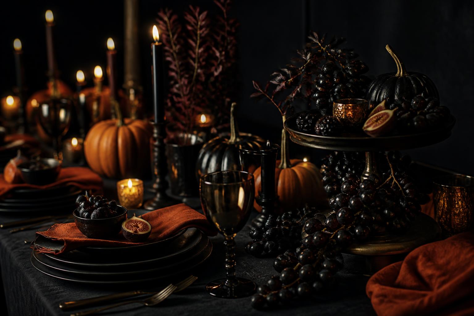 Halloween Buffet - schwarze Teller, Trauben, Feigen und Kerzen