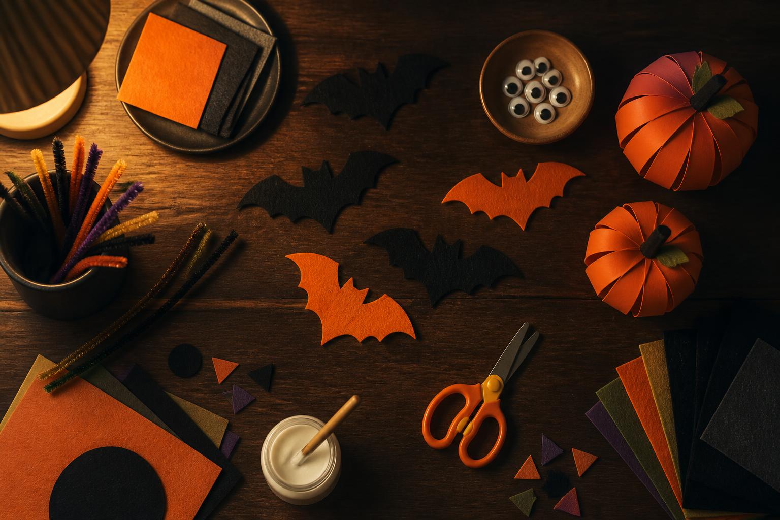Halloween basteln mit Kindern - Filzfledermäuse, Kleber und Papierkürbisse