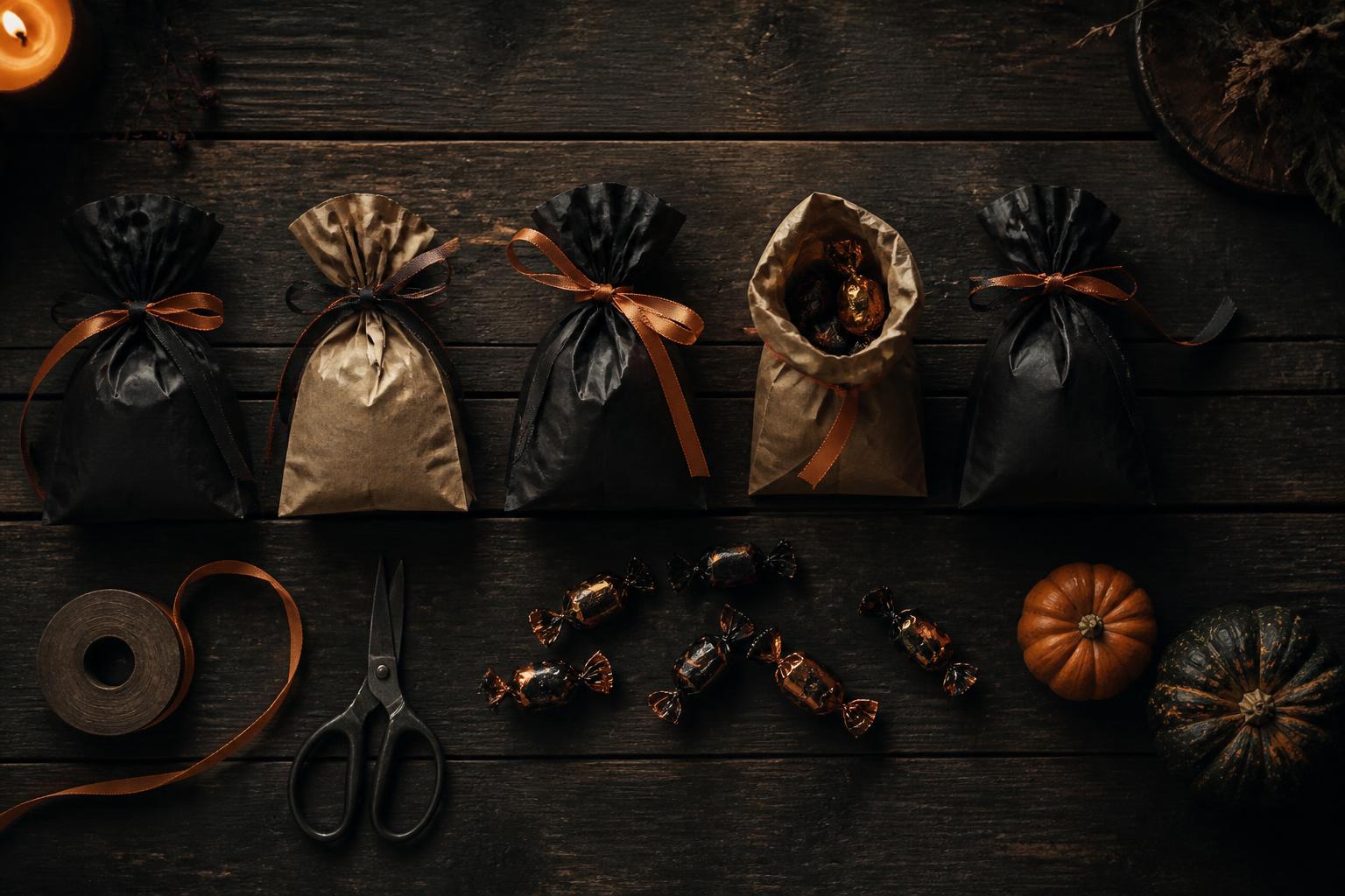Halloween Give-aways - Süssigkeitentüten mit Bändern und Bonbons